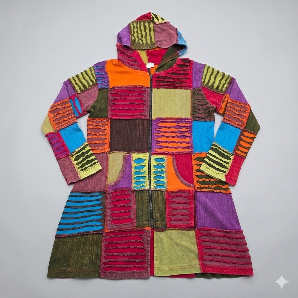 GreaterGood Patchwork Razor Cut Hoodie‎ Jacket Long Coat Boho Hippie Festival L